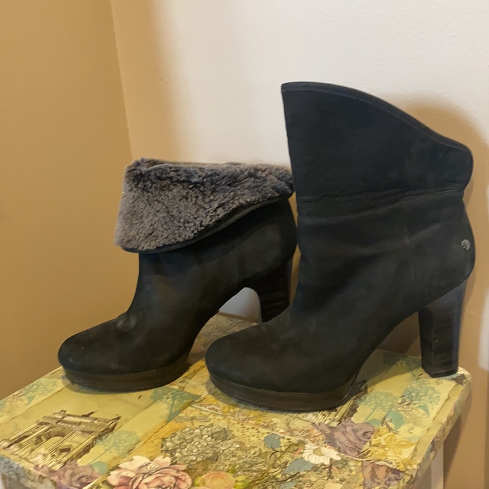 UGG Black Suede Heeled Ankle Boots with Fold-Over Cuff